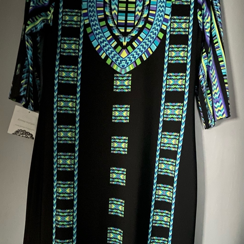 Donna Morgan Black Dress with Blue and Green Patterns